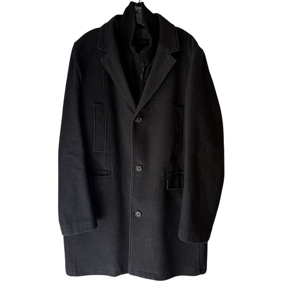 Pronto Uomo Mens Black Textured Grid Car Coat with Knit Bib Size‎ LT